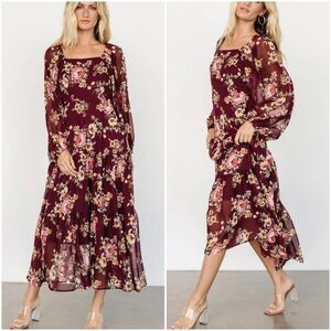 Baltic Born New Kristy Red Floral Teired Belted Smocked Maxi Dress Size Large